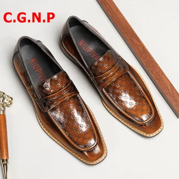 

C·G·N·P Luxury Men Loafers Fashion Genuine Leather Penny Loafer Shoes Patina Gold Patent Leather Shoes Men Slip On Dress Shoes