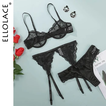 

Ellolace Transparent Lingerie Women Underwear Set Sexy Hollow Out Lace Bra Set Female See Through Underwire Bra 3 piece Set