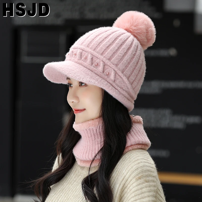 

Winter Visor Hats Scarf 2 Pcs Set Solid Color Knitted Hats For Women Thick Warm Beanie Skullies Hat Female Fashion Pearl Bonnet