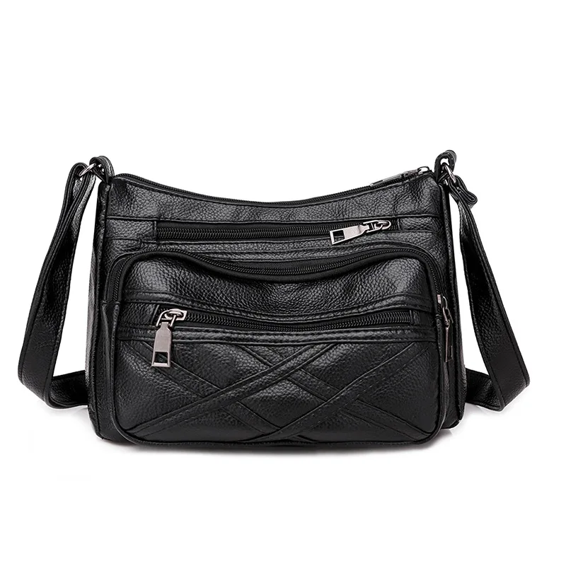 

New Style Washing Pu Soft Leather Shoulder Bag Women's Middle-aged Fashion Shoulder Bag Multi-Compartment Casual Travel Bag Wome