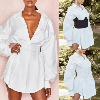 

Women Solid Color Turn Down Collar V Neck Long Sleeve Shirt Mini Dress Corset
