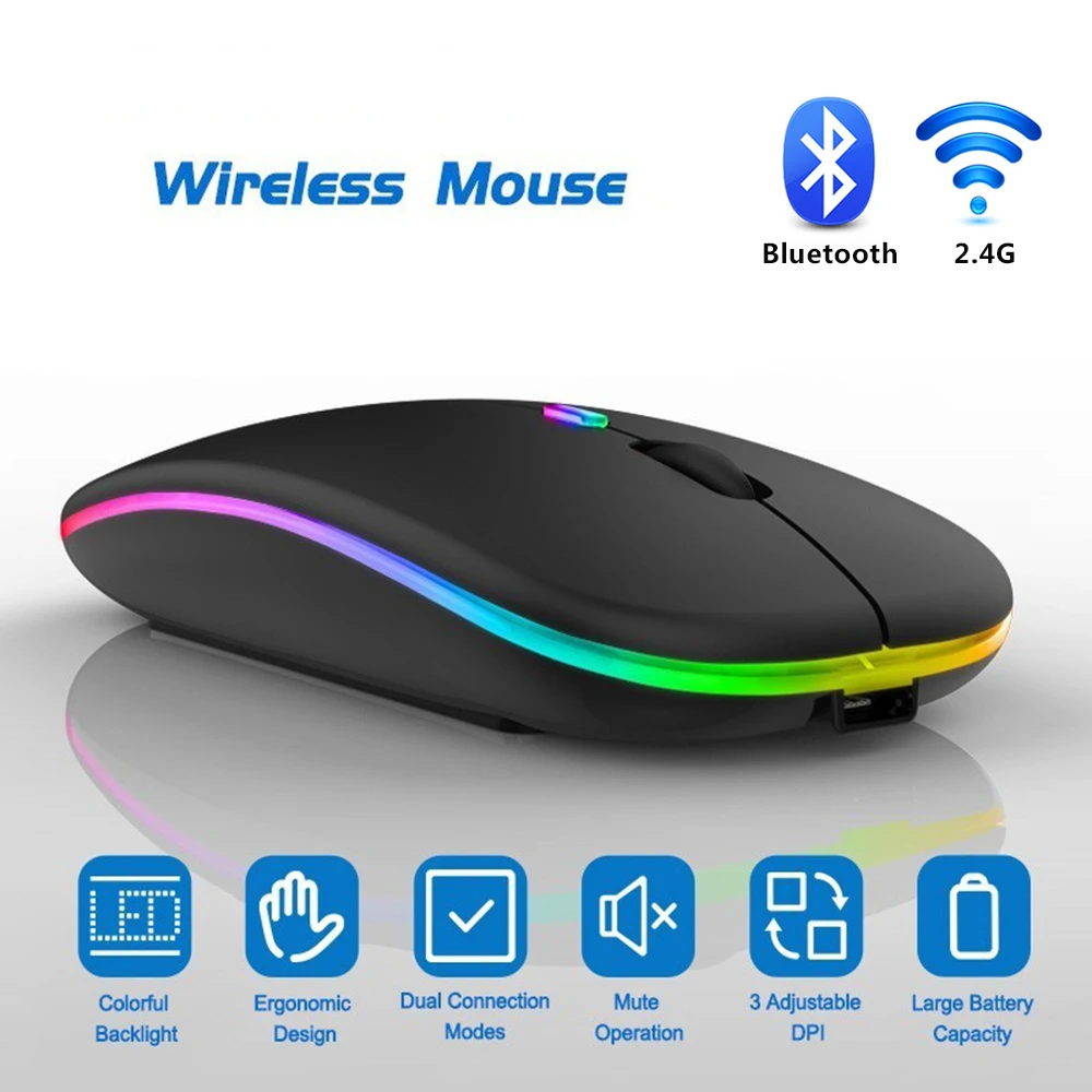 Bluetooth Wireless With Usb Rechargeable Rgb Mouse With Led Backlit For
