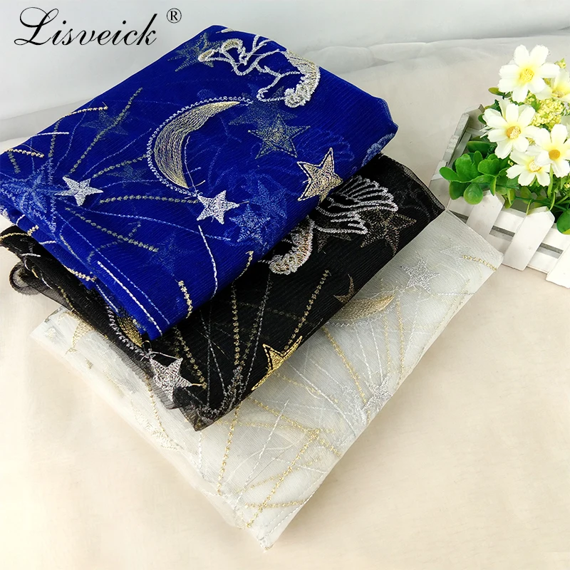 

1yard Star Horse Moon With Gold Silver Thread tulle Mesh African French Lace Fabric In Blue/black/white For Bridal Gowns