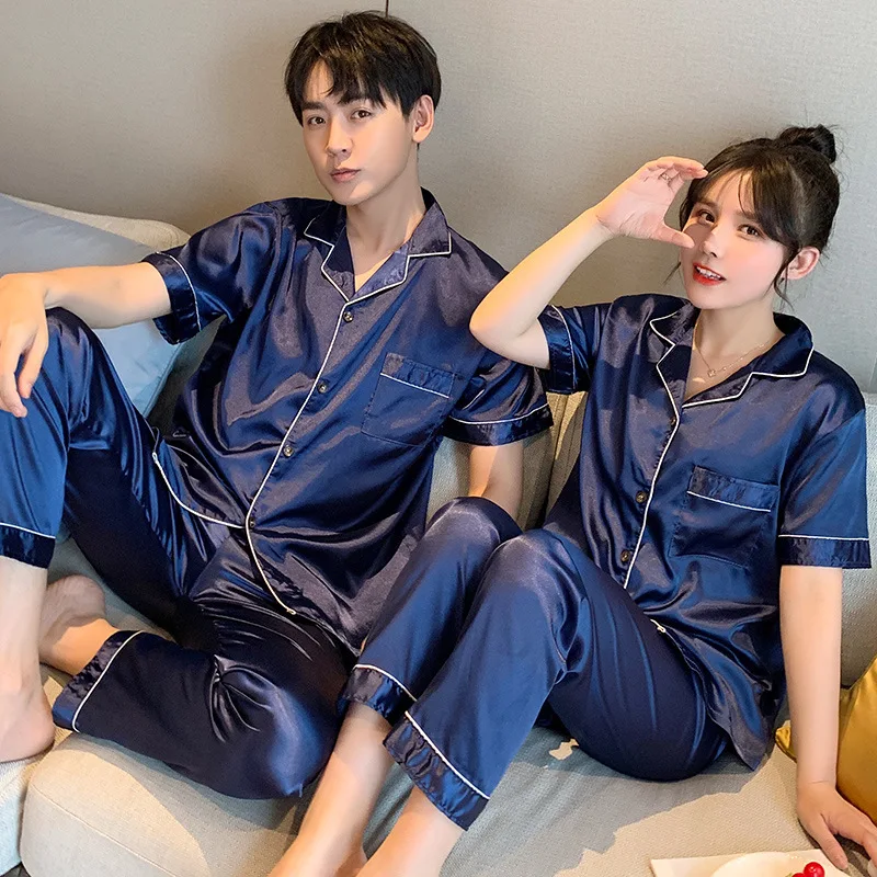 Summer Lovers Pyjama Suit Pajamas Couples Silk Sleepwear Satin Nightgown Women Short Sleeve Pijamas Men Lounge Plus Size Pj Set