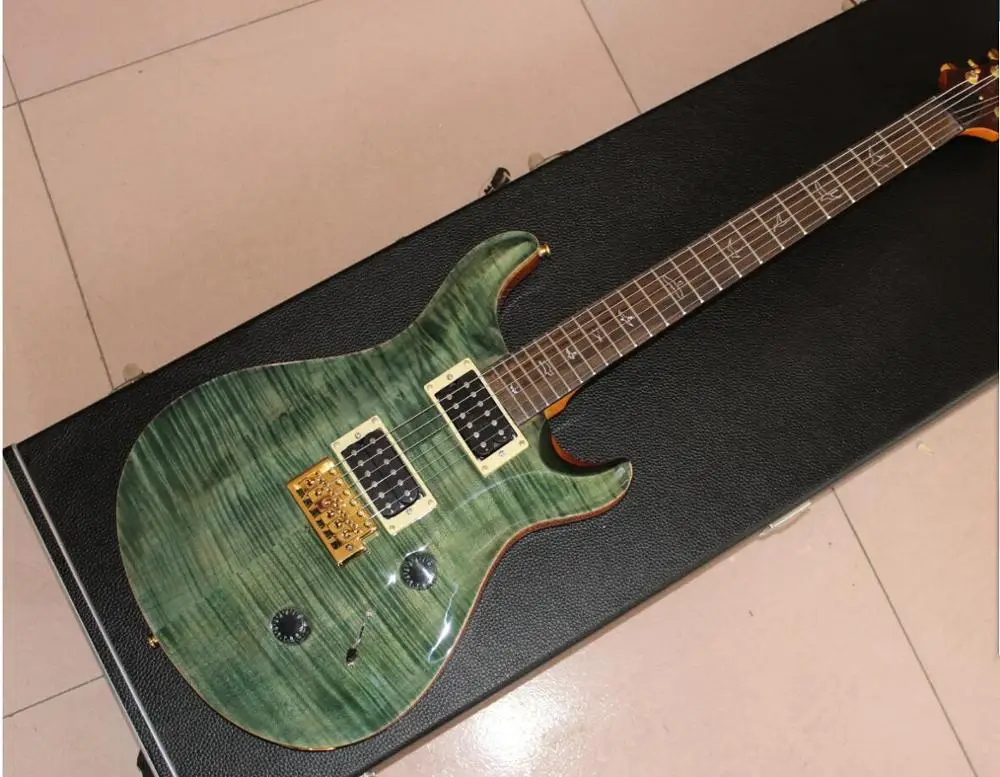 

Electric Guitar with hardcase .green color tiger flame top guitarra.handmade 6 stings gitaar.Real Photo
