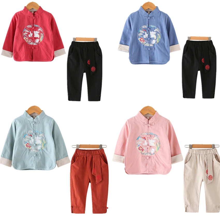 10Color New Kids Chinese Tang Suit Traditional Chinese Shirt Clothing for Baby Boys Flax Coat Kung Fu Outfit Top Pant Set