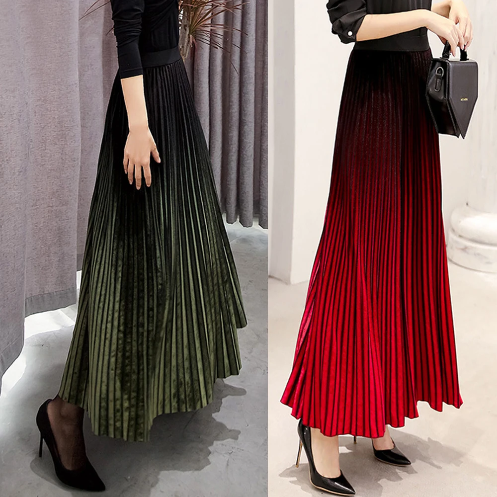 Модная женская длинная юбка макси, бархатные плиссированные юбки, осенняя зимняя трапециевидная юбка, расклешенная приталенная эластичная одежда с высокой талией