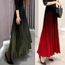 Модная женская длинная юбка макси, бархатные плиссированные юбки, осенняя зимняя трапециевидная юбка, расклешенная приталенная эластичная одежда с высокой талией