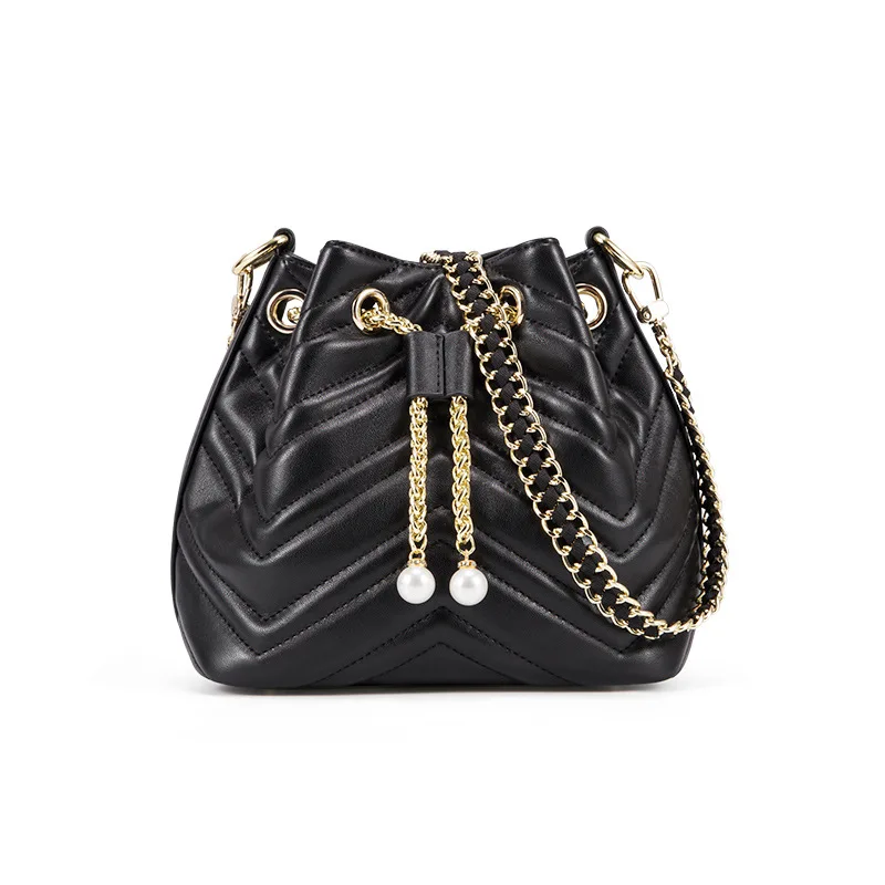 

Women Diamond lattice Pearl Black Handbag Bucket Handbags Messenger Bags Lady Genuine Leather Bag