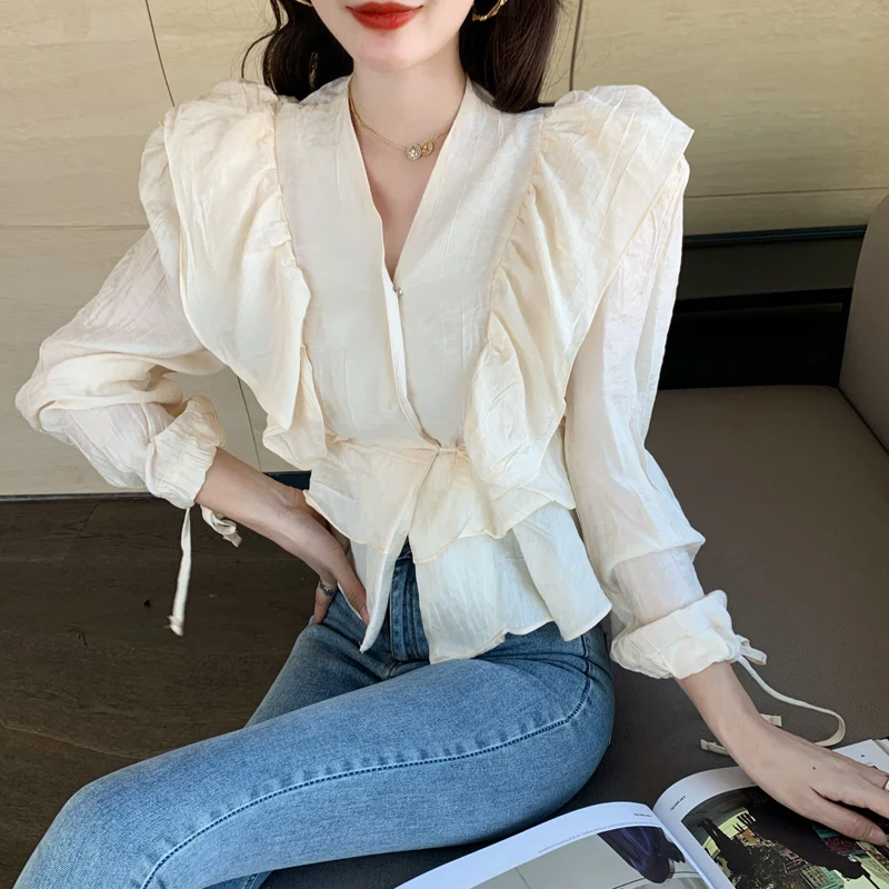 2020 New Spring Women Ruffles V Neck Pleated Chiffon Blouses Blusas Mujer Vintage Sexy Ins Fashion Shirts | Женская одежда