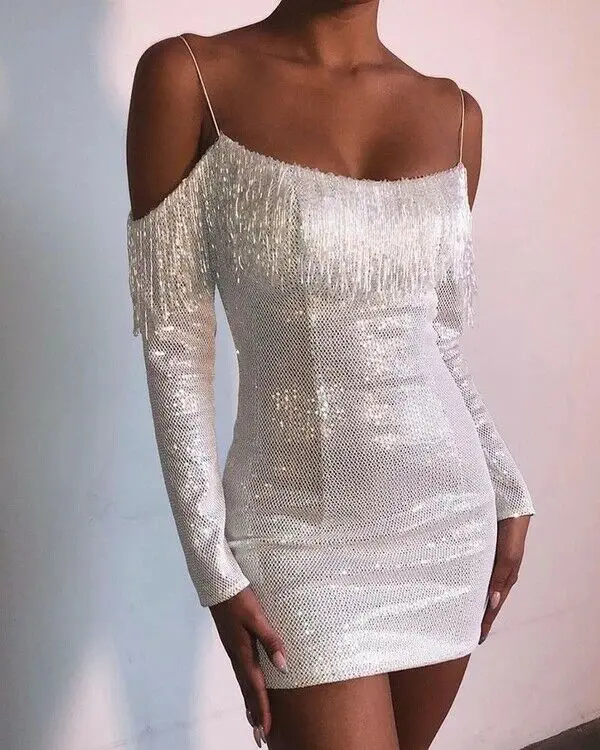 

Goocheer Women Off Shoulder Tassels Bandage Bodycon Long Sleeve Dress Patchwork Sparky Evening Party Clubwear Mini Pencil Dress