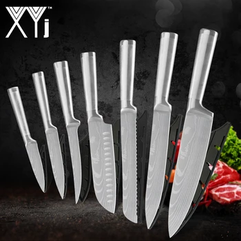 

XYj 7Pcs Damascus Pattern Kitchen knives Set Professional Chef Knives 7CR17 Stainless Steel Cooking Knife Gift Knife Covers