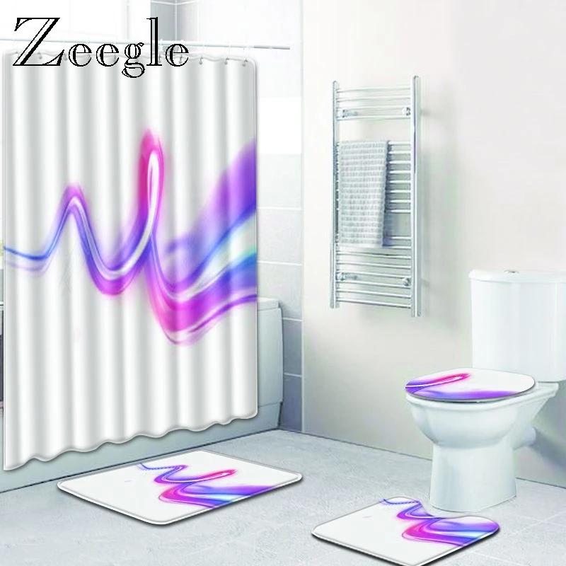 Zeegle 4pcs Bath Mat Set Toilet Shower Curtain with Hooks Washable Toilet Foot Rug Bathroom Decoration Mat  Absorption Foot Rug