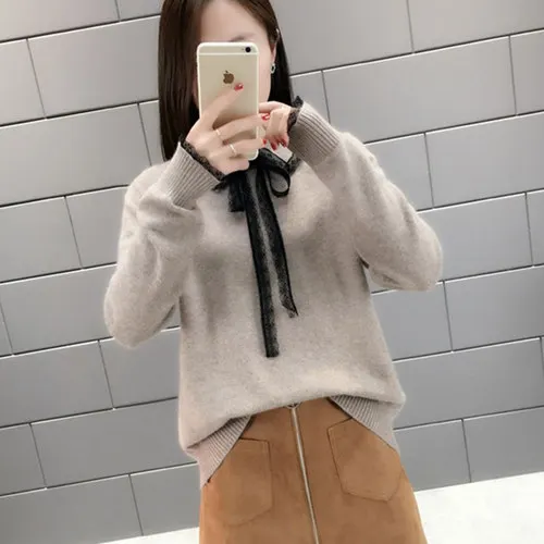 Autumn Winter Women Sweater Cotton Casual Knitted Shirts Long Sleeve Turn-down Collar Solid Tops Lace Bow Female Elasticity - Цвет: Khaki