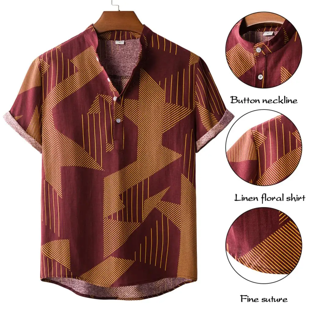 SHUJIN Men Linen Cotton Short Sleeve Shirt Summer Floral Loose Baggy Casual Shirts Tops Holiday Beach Men's Hawaii Shirts - Image 5