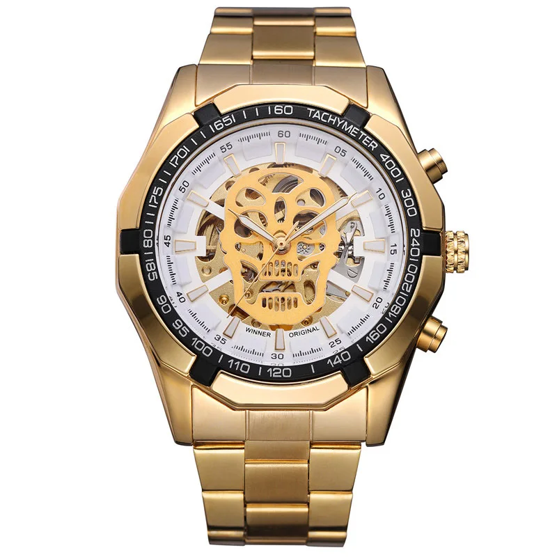 Gold White White Уникальный уход за кожей лица чехол часы в форме черепа автоматические механические мужские часы спортивные мужское в деловом стиле часы - Цвет: Gold White White