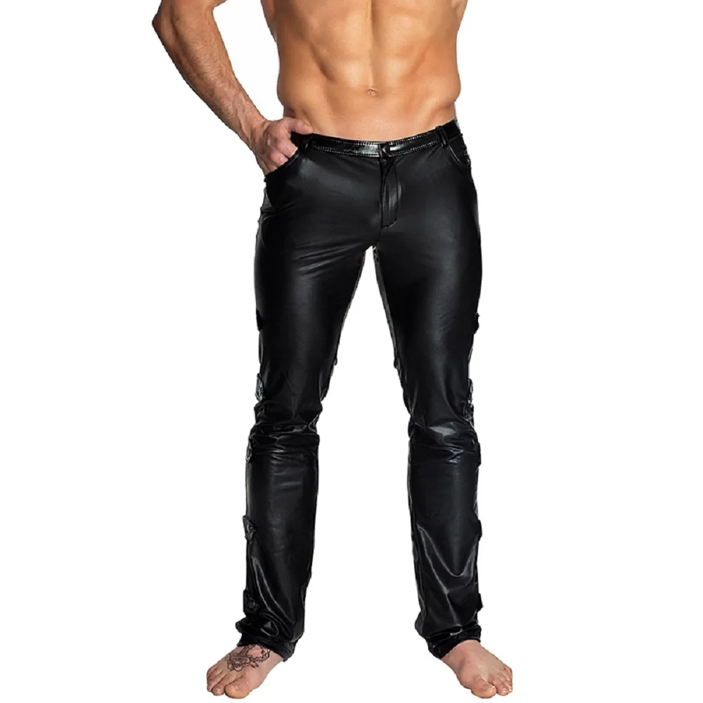 Mens Bodycon Slim Gothic Punk Motorcycle Disco Long Trousers PVC Leather Pants