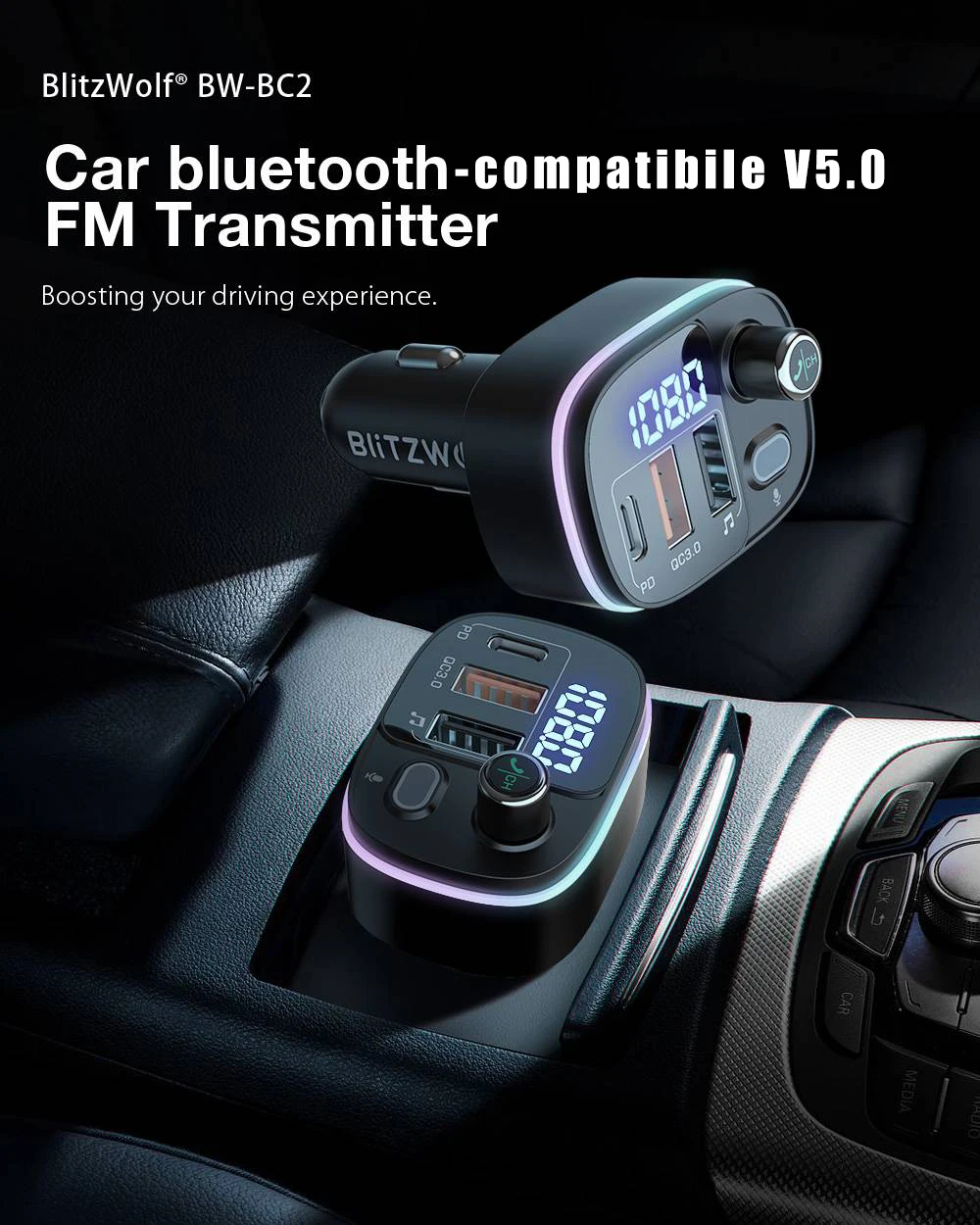 BlitzWolf BW-BC2 18W QC3.0 +PD Fast Charging Car Charger FM Transmitter description image