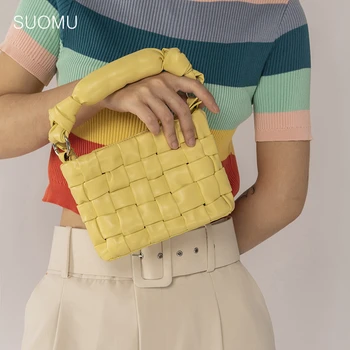 

Women woven bucket tote handbag Knitting shoulder messenger bag brand white yellow purse crossbody bag 2020 summer new