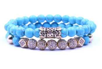 

8mm 2PCS/Set rh2 gold elastic adjusted nature turquoise bead micro pave cz zircon cubic zirconia tube Bracelet Jewelry