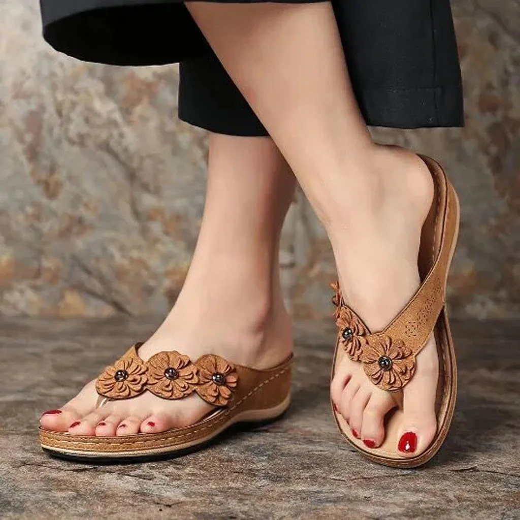 

Bohemia Flower Appliques Flip Flops Slippers For Women Summer Plus Size Hawaiian Beach Casual Shoes Female Outdoor Retro Slipper