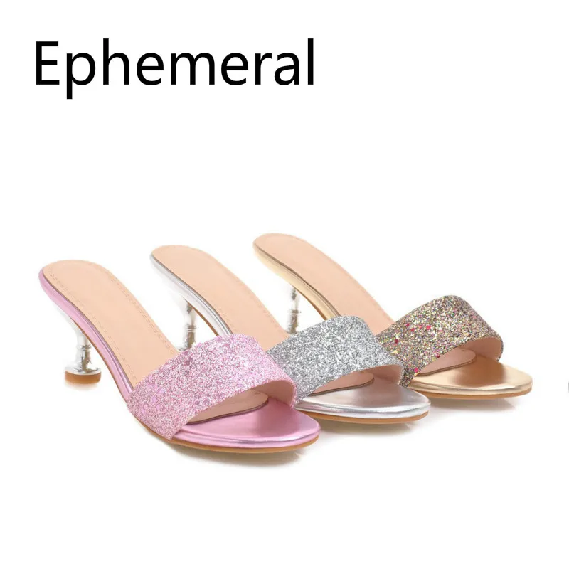 

Ladies Sequined Cloth Bling Slippers High heels Shoes Open Toe Wide Foot Footwear 43-2 Gold Silver Red Special Heel Nice Looking