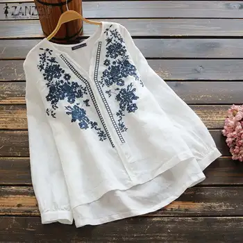 

ZANZEA 2020 Vintage Embroidery Women Tops Blouses Fashion Office Lady Casual Loose V Neck Blusas Solid Long Sleeve Cotton Tunic