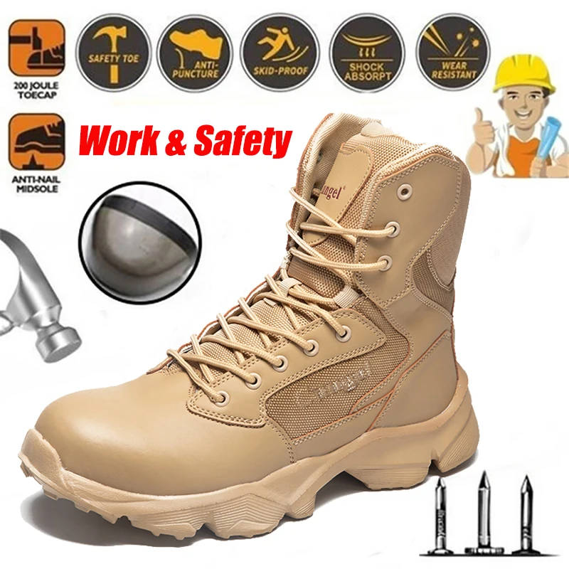 

Puncture-Proof Work Boots Men Safety Steel Toe Shoes Men Breathable Anti-collision Leather Boots Outdoor Indestructible Shoes