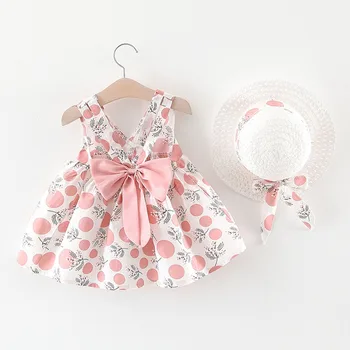 

Fashion Baby girl dress cotton o-neck regular Toddler Baby Kids Girl Sleeveless Strap Dot Print Bow Princess Dresses Hat H4