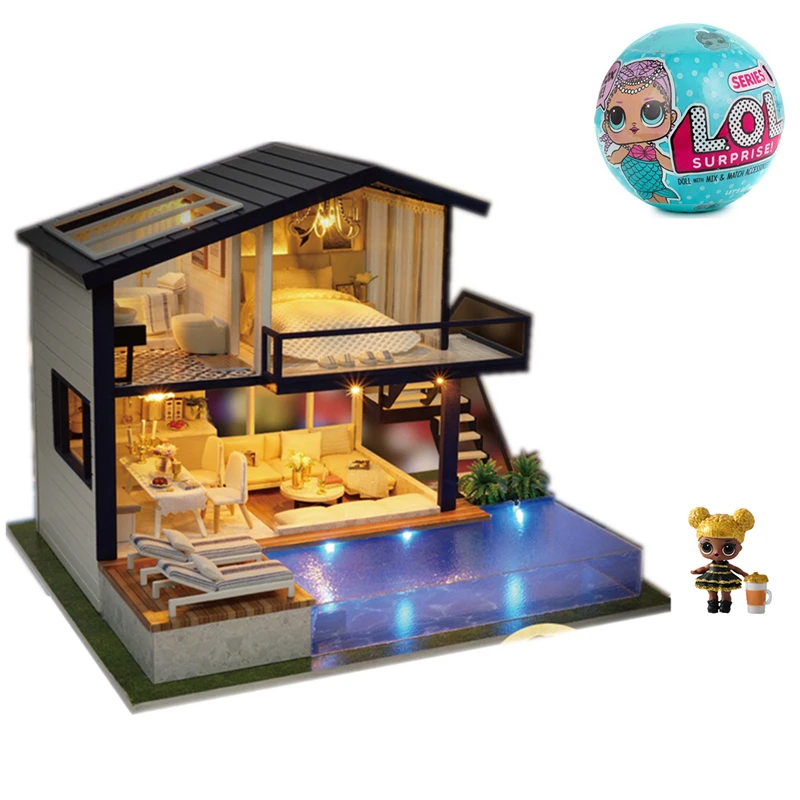 

lol Surprise Doll House Toy Furniture DIY Miniature Action figure 3D Light Wooden Play House Manual Wood Model Dollhouse Gift