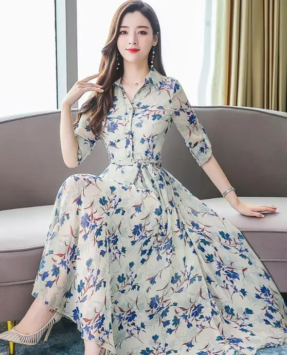 

Elegant 2019 Autumn New Arrival Plus Size M-3XL Turn-down Collar Long Sleeve Flower Printed Woman Chiffon Long Dress