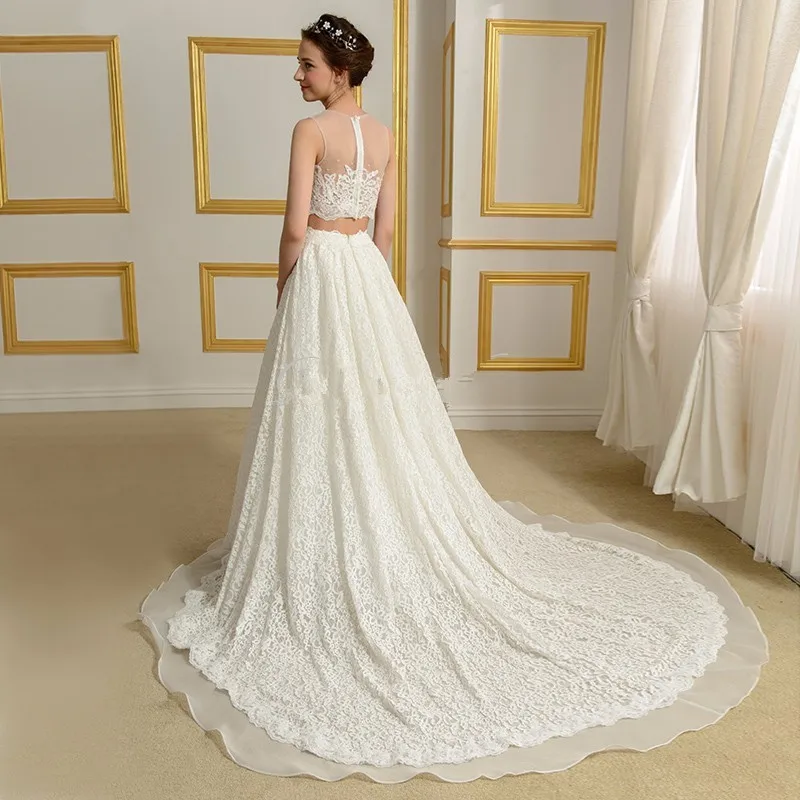 Элегантное платье vestido de noiva, два длинных кружева, бохо,, ТРАПЕЦИЕВИДНОЕ, круглый вырез, отделка бисером, молния, шлейф, свадебное платье, платья для подружек невесты