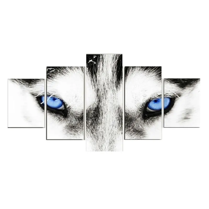 

5 Panels Modern Husky Art Black and White Dog with Blue Eyes Picture