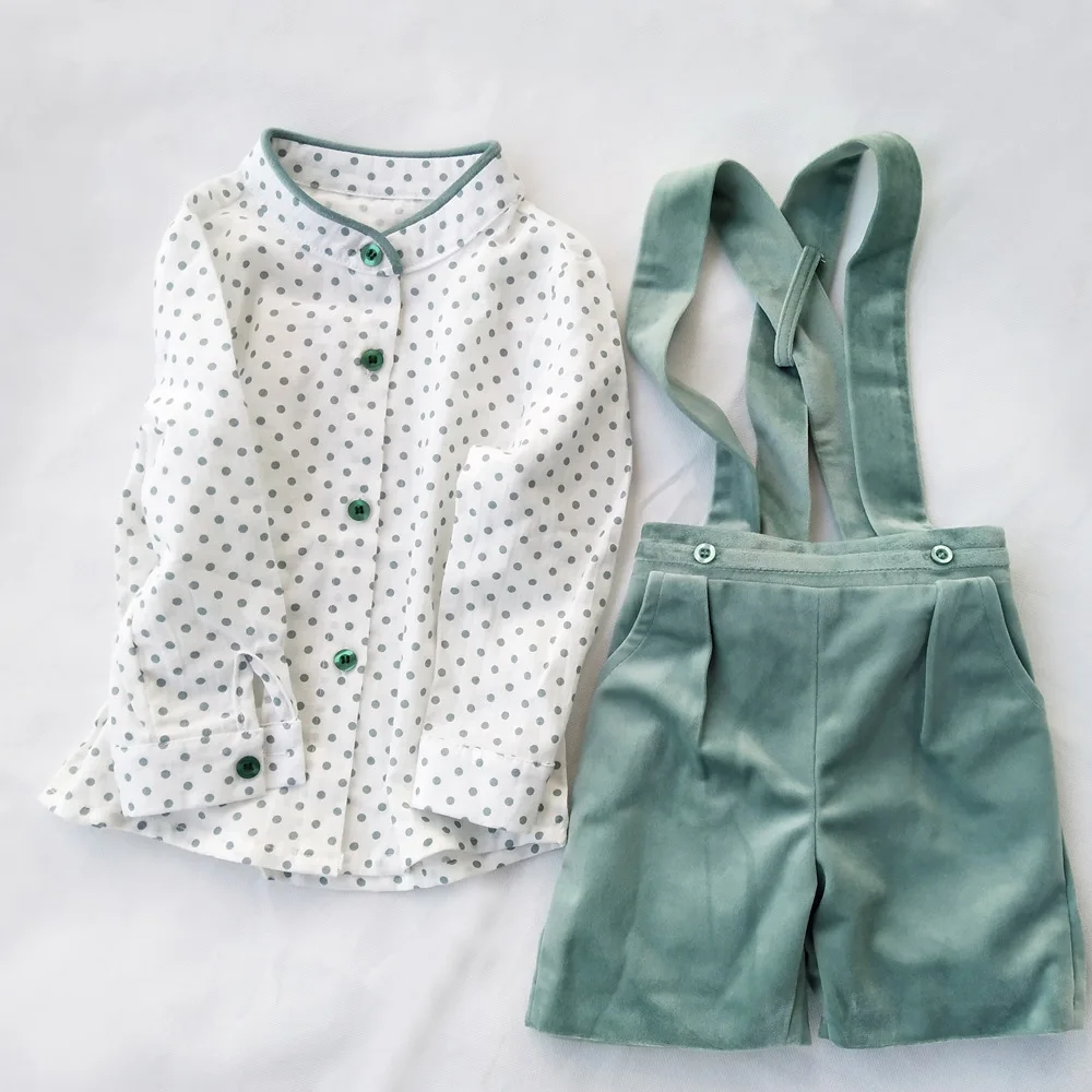 Baby Boy Clothes Set Kid Long Sleeve Polka Dot Shirt Suspender Pants Casual Clothes Outfit Infant Velvet Spanish Boutique Outfit