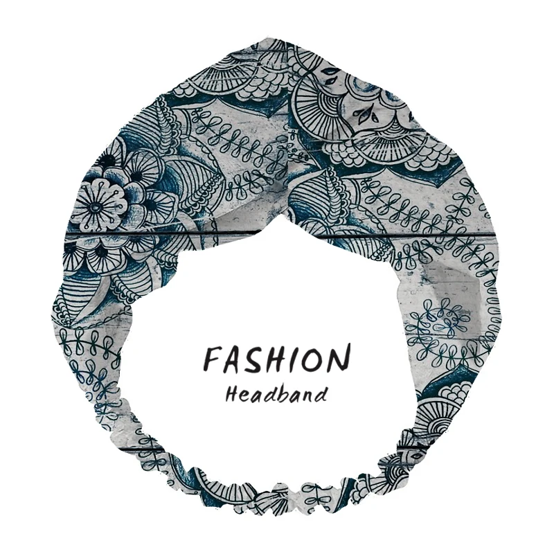 

2020 Fashion Women Shabby Chic Navy Blue doodles on Wood Print Headbandsd Turban Elastic Headwear Head Accessories for Women