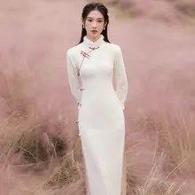 

Cheongsam Dress Women's Plus Size Tops 2021 Winter Cotton Blend Jacquard Splicing Chinese Style Slim Long Qipao Dresses Woman