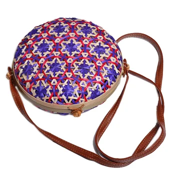 

New Round Straw Beach Bag Circle Rattan Bag Women Handbag Colorful Flower Pattern Female Message Shoulder Bag