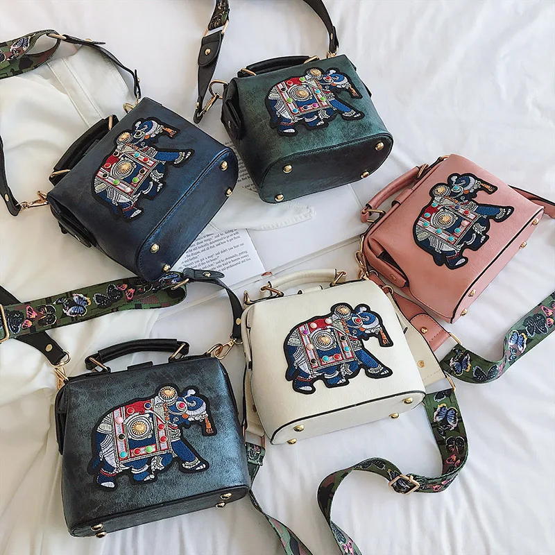 Vintage Embroidery Elephant Bag Bags Wide Butterfly Strap PU Leather Chain Women Shoulder Crossbody Bag Tote Women's Handbags