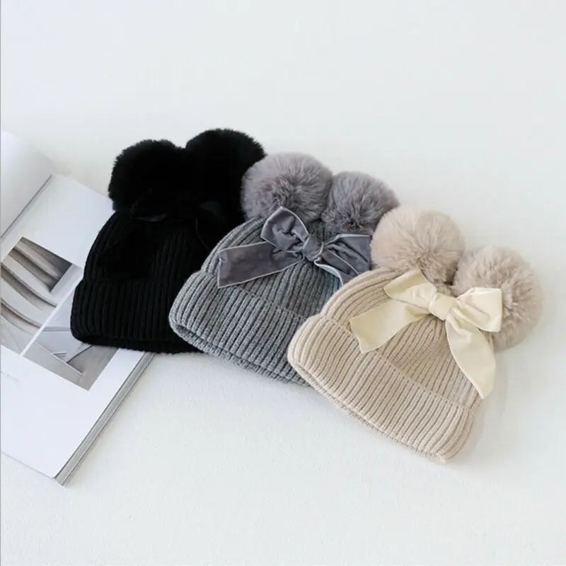 

2020 Infant Kids Baby Girl Hats Winter Stuff Double Pompom Balls Warm Thicker Beanie Cap Hat