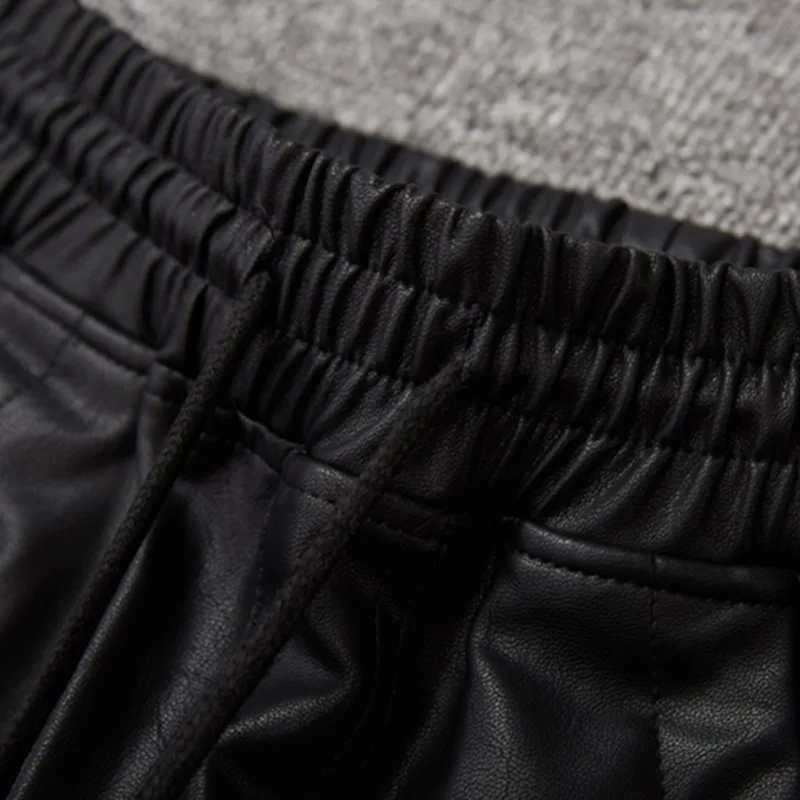 

Autumn New Casual Patchwork Mens PU Leather Pants Drawstring Waist Punk Moto Biker Male Slim Harem Trousers Plus Size Streetwear