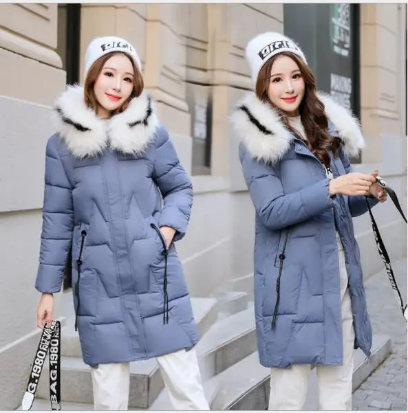 Blue Зимняя женская куртка размера плюс 6XL, тонкое плотное пуховое хлопковое пальто с капюшоном и большим меховым воротником, теплая женская зимняя одежда для офиса H032 - Цвет: Blue
