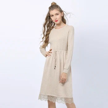 

Fall Spring Elegant Sweater Dress Women Outerwear Knee Length Lace Stitching Pullover Knitted Dresses Female Casual Robes TA9225