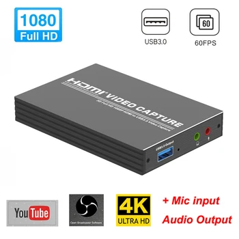 

HDMI To USB 3.0 Video Card Live Broadcasts Audio 4K 1080P 60fps Via DSLR Aluminum Alloy MIC Input Game Streaming