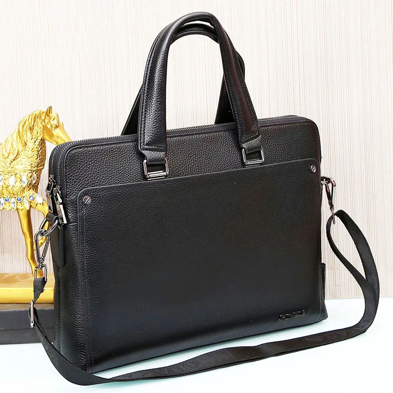 

Men Leather Briefcase Multilayer Double Zipper Handbag Business Large Bag Cross First Layer Cowhide Leather Single-shoulder Bag
