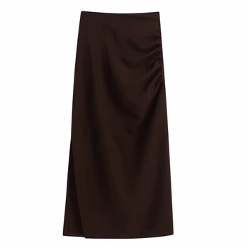 

New 2020 Euro women solid pleats side split straight midi skirt faldas mujer ladies back zipper slimming skirts QUN582