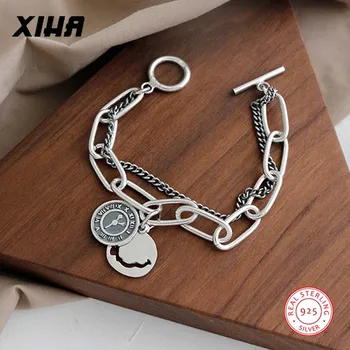 

Retro Vintage Happy Smiley Face Bracelets for Women 925 Sterling Silver Clock Coin Round Smile Girl Chain Bracelet with Charms