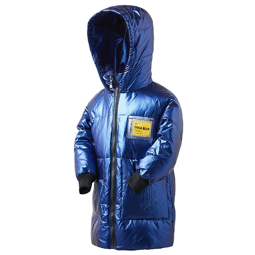 Зимняя куртка-пуховик для мальчиков детское плотное пуховое пальто средней длины Теплое повседневное глянцевое пальто с капюшоном для мальчиков - Цвет: Сиренево-синего цвета