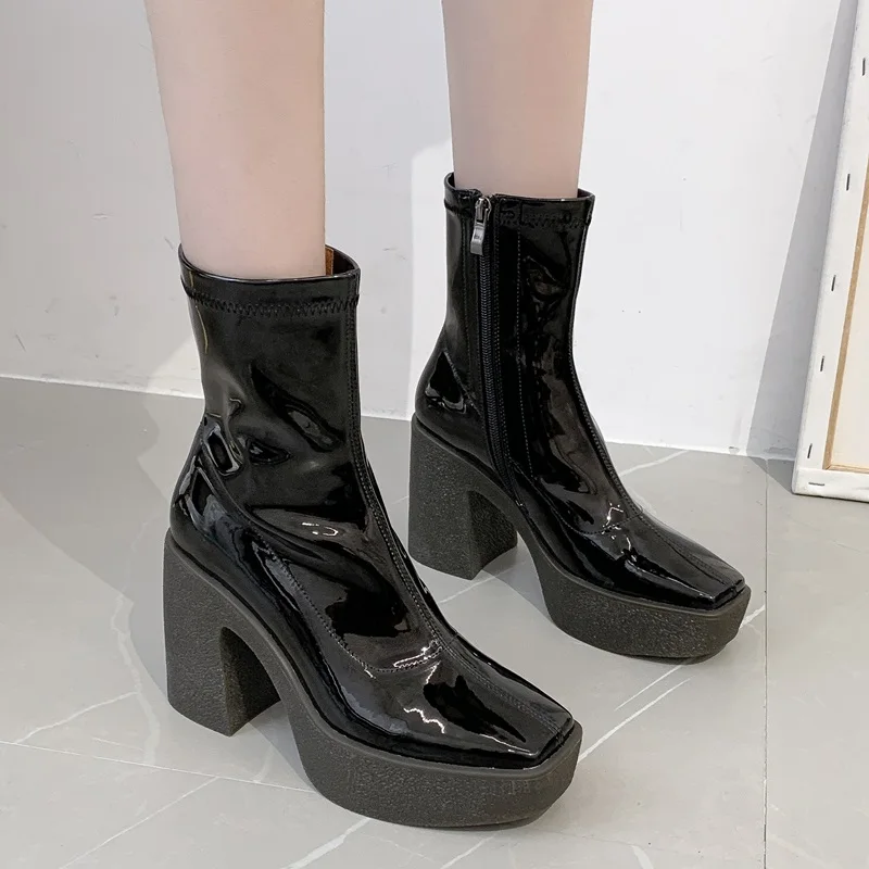 

autumn winter quality microfiber patent leather short boots zipper black high heels thick platform women ankle boots casual shoe