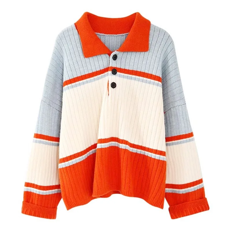 

2020 Autumn and Winter European and American Women's New Lazy Casual Loose Short Stitching Striped Top Knitted Pullover