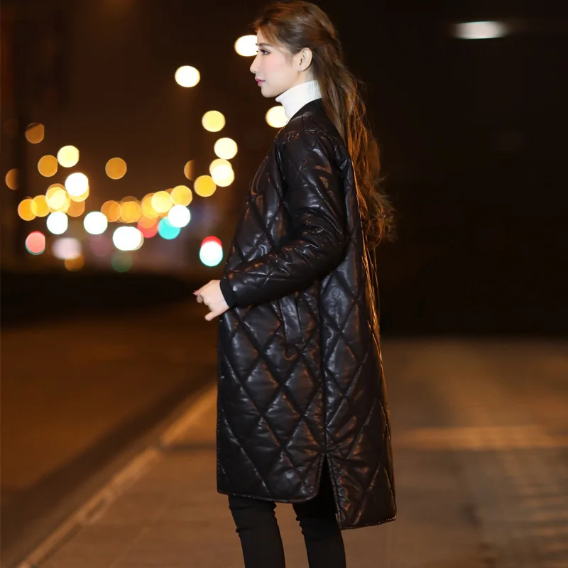 

Small Leather Coat WOMEN'S Coat Mid-length Autumn & Winter Thick Warm 2019 New Style Korean-style Loose-Fit Slimming PU Leather
